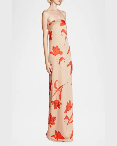 Halston Manuela Strapless Floral-print Column Gown In Camel Statement Flow