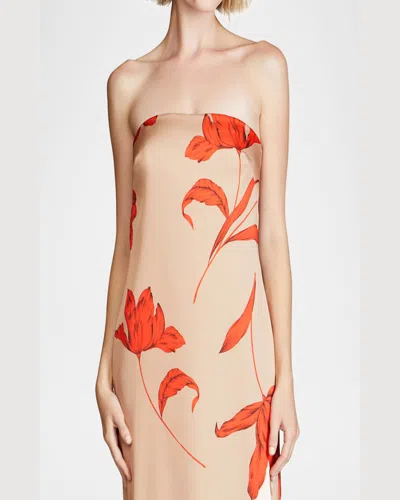 Halston Manuela Strapless Floral-print Column Gown In Camel Statement Flow