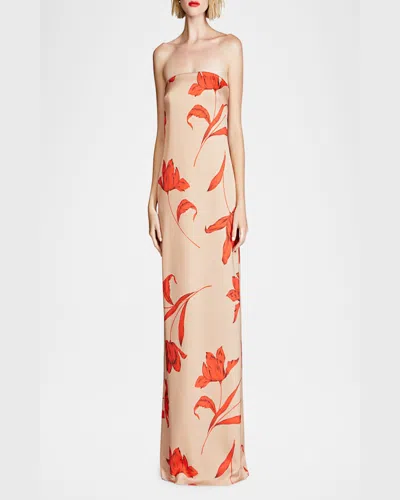 Halston Manuela Strapless Floral-print Column Gown In Camel Statement Flow