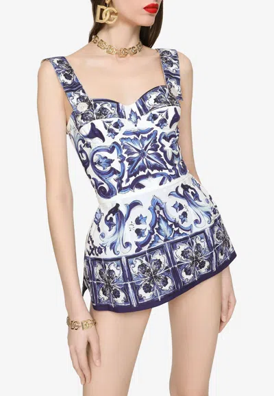 Dolce & Gabbana Majolica-print Poplin Top With Peplum Detail In Blue