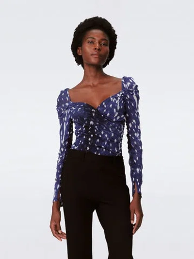 Diane Von Furstenberg Ash Ruched Printed Mesh Bodysuit In Blue