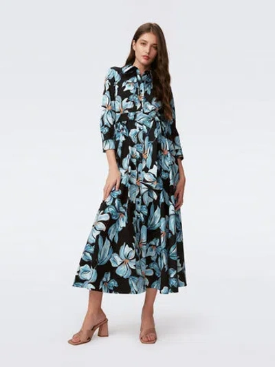 Diane Von Furstenberg Blaine Cotton Poplin Dress In Huge Opera Floral Black