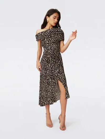 Diane Von Furstenberg Agustin Off-the-shoulder Ruched Leopard-print Crepe Midi Dress In Multi