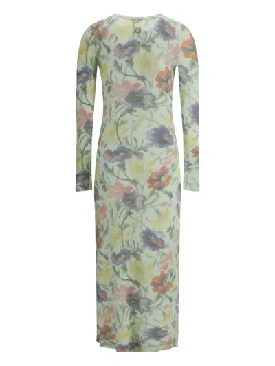 Loewe Ribbed Floral-print Silk-blend Midi Dress In Green