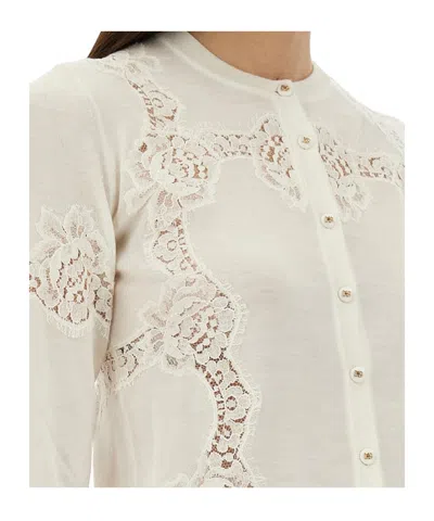Dolce & Gabbana Cashmere And Silk Cardigan With Lace Inlay In White