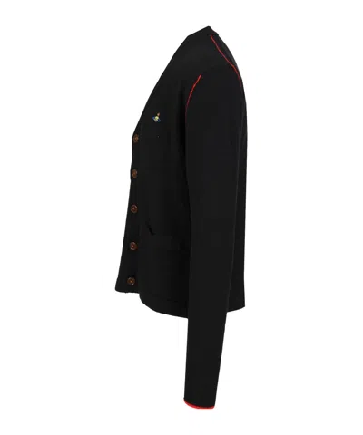 Vivienne Westwood Black V Neck Cardigan With Orb Embroidery In Cotton And Cashmere In Black