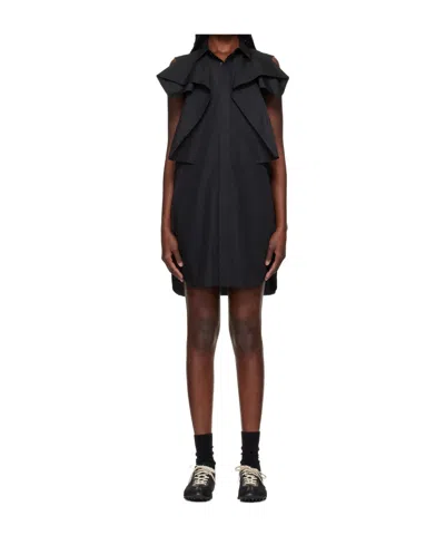 Sacai Poplin Dress With Cap Sleeves And Ruffled Detail In Black