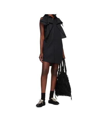 Sacai Poplin Dress With Cap Sleeves And Ruffled Detail In Black