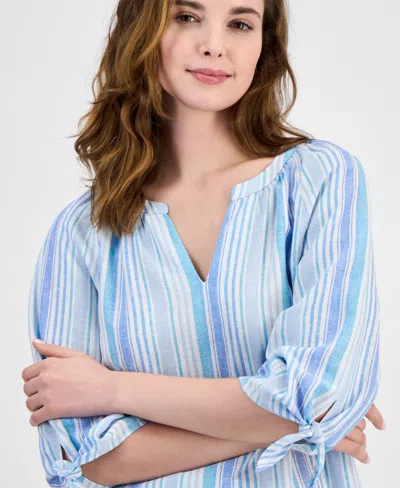 Jones New York Tie Cuff Raglan Sleeve Linen Blend Top In Nyc White,turquoise