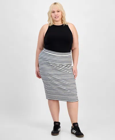 Derek Heart Trendy Plus Size Striped Midi Pencil Skirt In Egret,navy