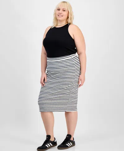 Derek Heart Trendy Plus Size Striped Midi Pencil Skirt In Egret,navy