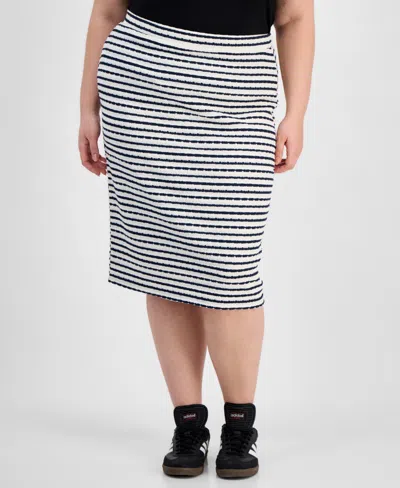 Derek Heart Trendy Plus Size Striped Midi Pencil Skirt In Egret,navy