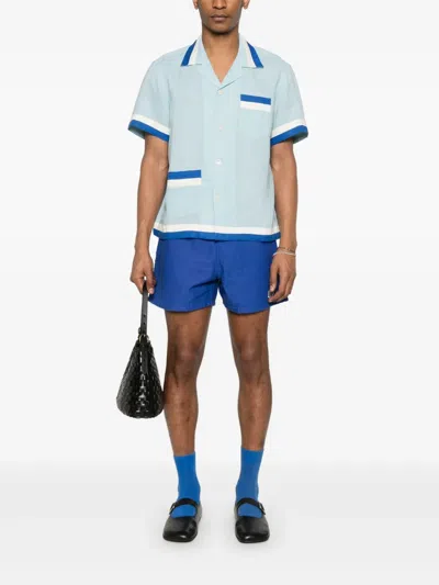 Bode Seedling Stripe Linen Camp Shirt In Blue