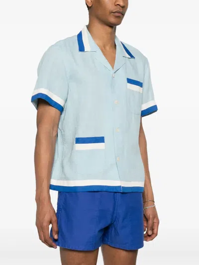 Bode Seedling Stripe Linen Camp Shirt In Blue