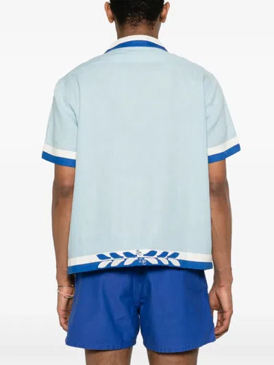 Bode Seedling Stripe Linen Camp Shirt In Blue