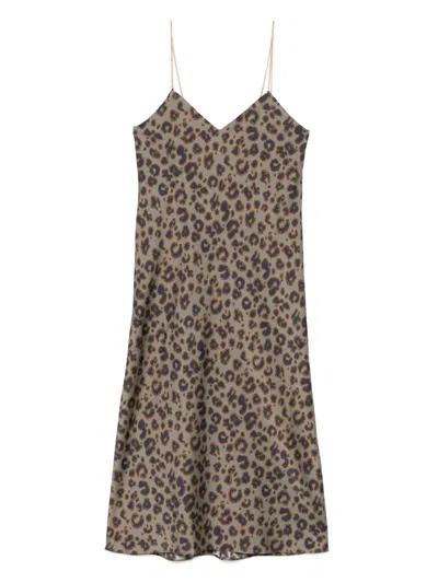 Ba&sh 'biara' Green Long Dress With Thin Straps And All-over Leopard Print In Green