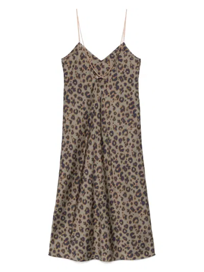 Ba&sh 'biara' Green Long Dress With Thin Straps And All-over Leopard Print In Green