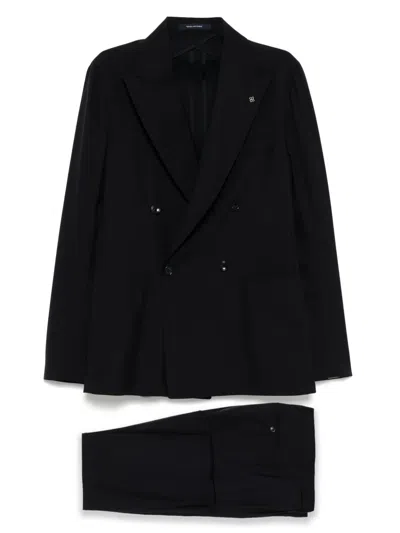 Tagliatore Black Double-breasted Virgin Wool Suit In Blau