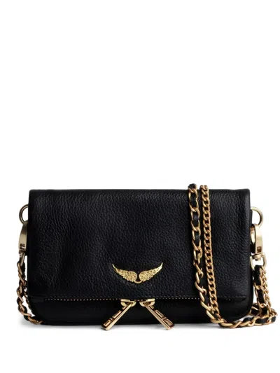 Zadig & Voltaire Womens Black Gold Rocky Ii Wing-embellished Leather Cross-body Bag In Black