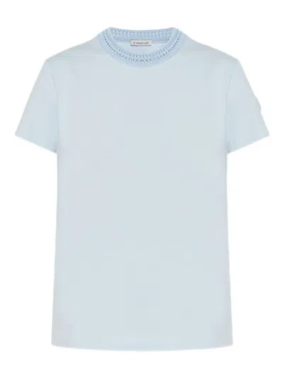 Moncler T-shirt En Coton Avec Détails En Crochet In Light Blue