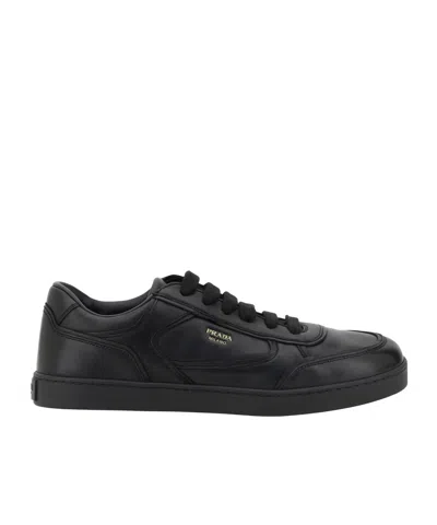 Prada Leather Sneakers With Flat Sole And Round Toe In Black