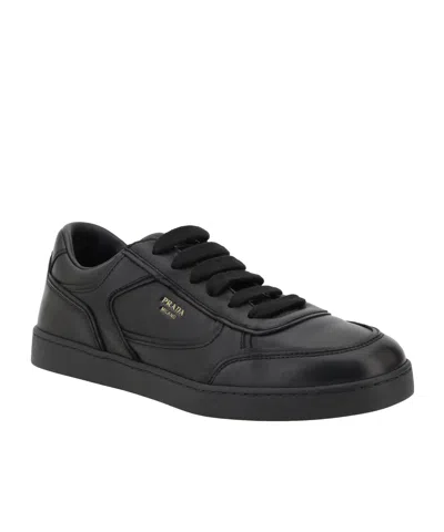 Prada Leather Sneakers With Flat Sole And Round Toe In Black