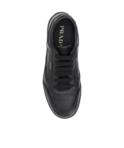 Prada Leather Sneakers With Flat Sole And Round Toe In Black