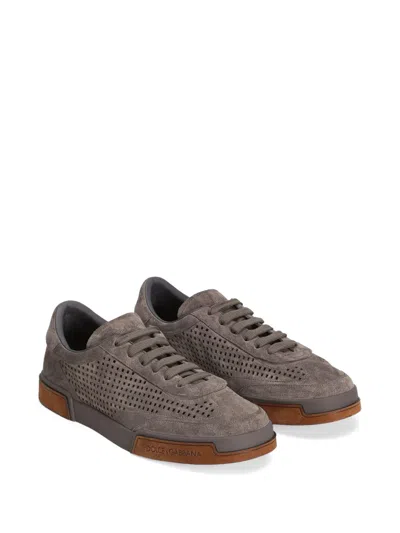Dolce & Gabbana Portofino Yacht Perforated Distressed Suede Sneakers In Lead