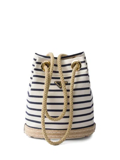Prada Mariner Small Striped Fabric Bucket Bag In White