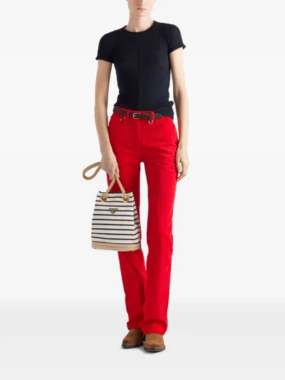 Prada Mariner Small Striped Fabric Bucket Bag In White