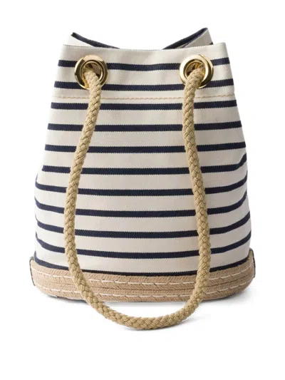 Prada Mariner Small Striped Fabric Bucket Bag In White