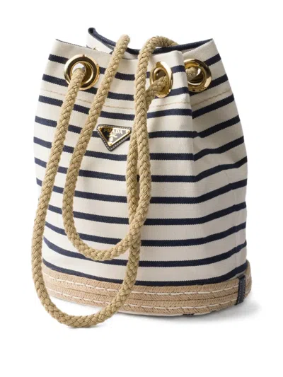 Prada Mariner Small Striped Fabric Bucket Bag In White
