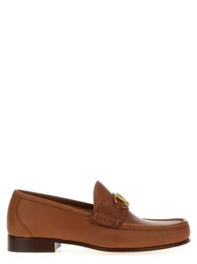 Valentino Garavani V-logo Embellished Full-grain Nubuck Loafers In Brown
