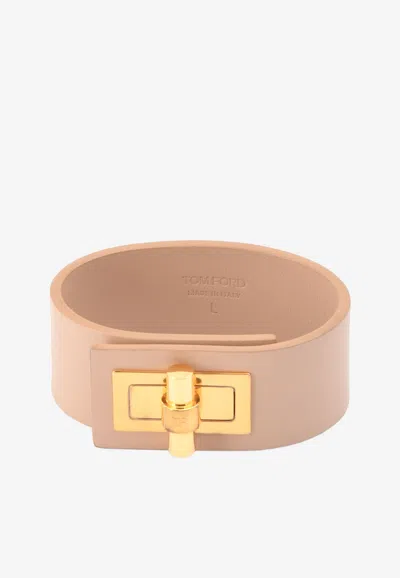 Tom Ford Narrow Turnlock Cuff In Leather In Beige