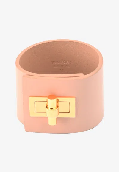 Shop Tom Ford Wide Turnlock Cuff In Leather In Beige
