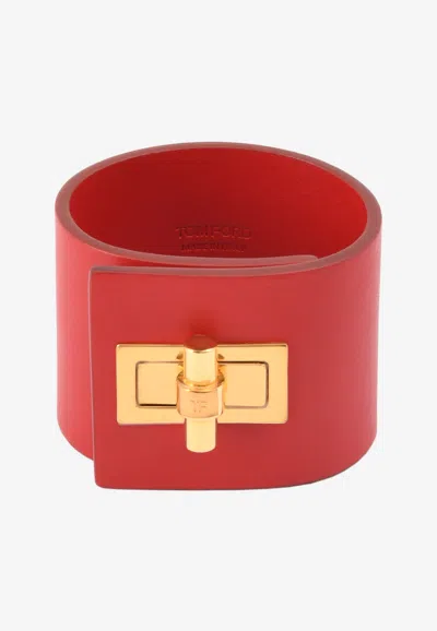 Tom Ford Wide Turnlock Cuff In Leather In Red