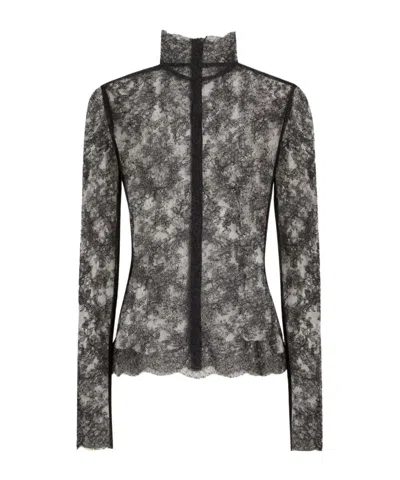 Dolce & Gabbana Chantilly Lace Top High Neck Long Sleeves In Black