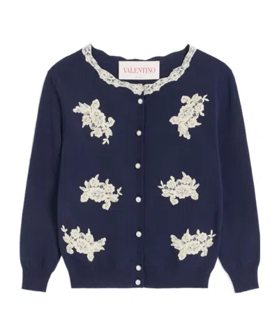 Valentino Virgin Wool Embroidered Cardigan In Blue