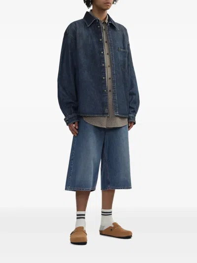 Erl Blue Shirt With Pointed Collar And Logo Patch On The Front In Blue