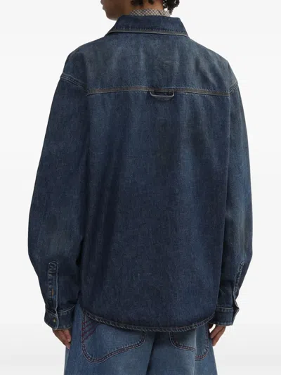 Erl Blue Shirt With Pointed Collar And Logo Patch On The Front In Blue