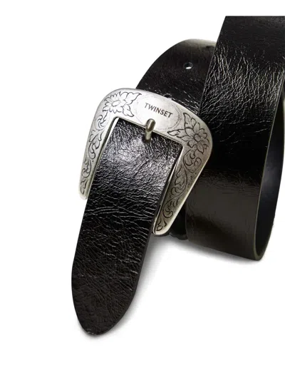 Twinset Cracked Leather Belt With Texas-style Buckle In Black