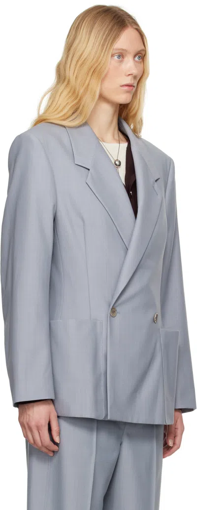 Lemaire Blue Double Breasted Tailored Blazer In Bl720 Blue Grey Mela