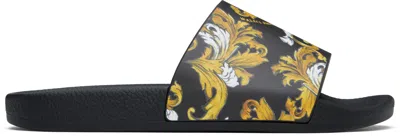 Versace Jeans Couture Black Outline Barocco Pool Slides In Eg89 Black/gold