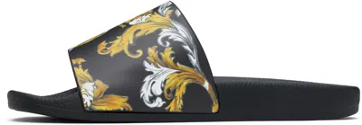 Versace Jeans Couture Black Outline Barocco Pool Slides In Eg89 Black/gold