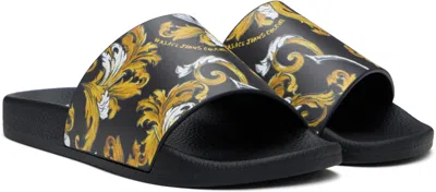 Versace Jeans Couture Black Outline Barocco Pool Slides In Eg89 Black/gold
