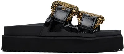 Versace Jeans Couture Black Baroque Buckle Arizona Flat Sandals In E899 Black