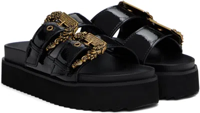 Versace Jeans Couture Black Baroque Buckle Arizona Flat Sandals In E899 Black