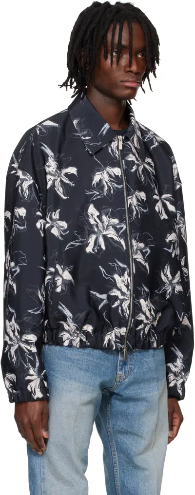 System Navy Flower Printed Bomber Jacket In Navy