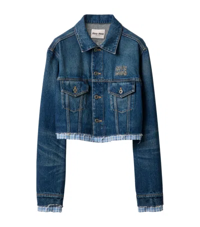 Miu Miu Logo Patch Cropped Denim Jackets In Blue