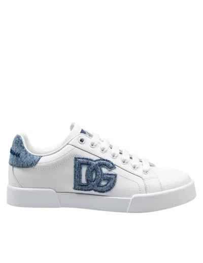 Dolce & Gabbana White Low-top Sneakers With Logo And Blue Tongue In White